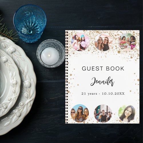 Guest book birthday white gold glitter name photo