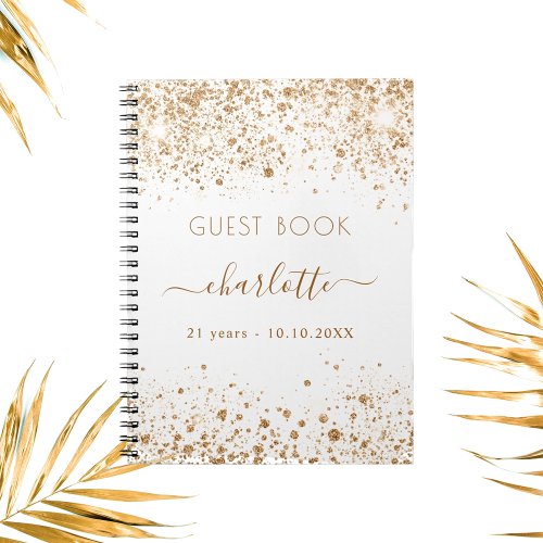 Guest book birthday white gold glitter name script