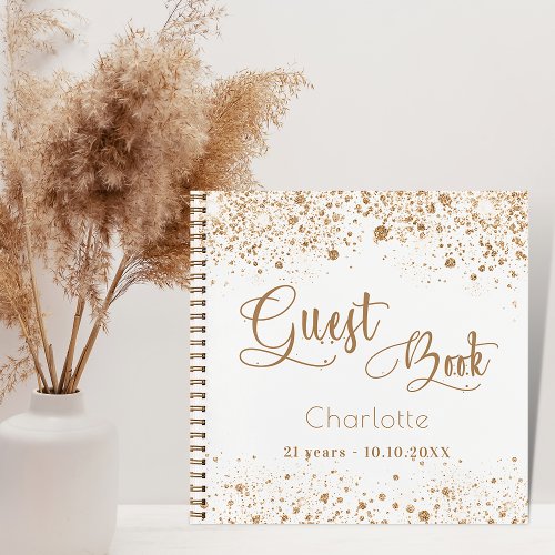 Guest book birthday white gold glitter name script