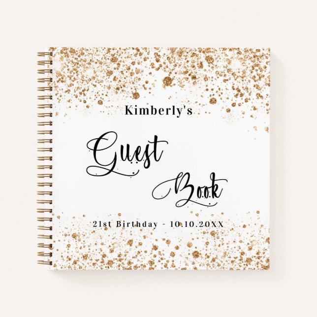 Guest book birthday white gold glitter script name (Front)