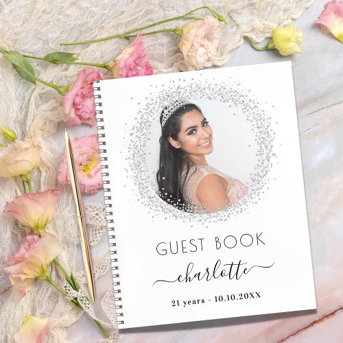 Guest book birthday white silver glitter photo