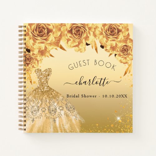 Guest book bridal shower gold glitter dress 