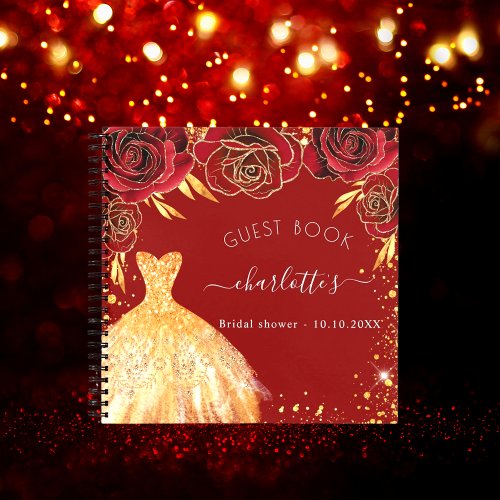 Guest book bridal shower red gold glitter dress 