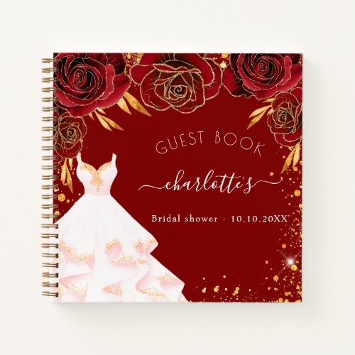 Guest book bridal shower red gold white dress 