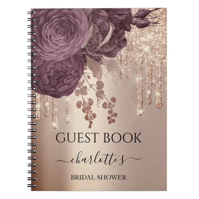 Guest Book Bridal Shower Rose Gold Drips Floral (Front)