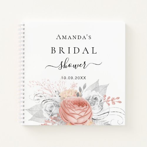 Guest book bridal shower rose gold floral silver