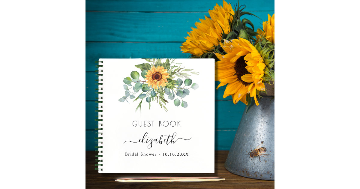 Guest book bridal shower sunflowers eucalyptus Zazzle