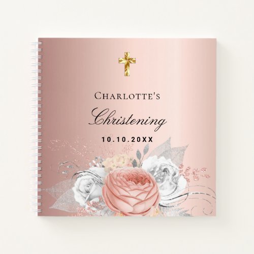 Guest book christening rose gold florals silver