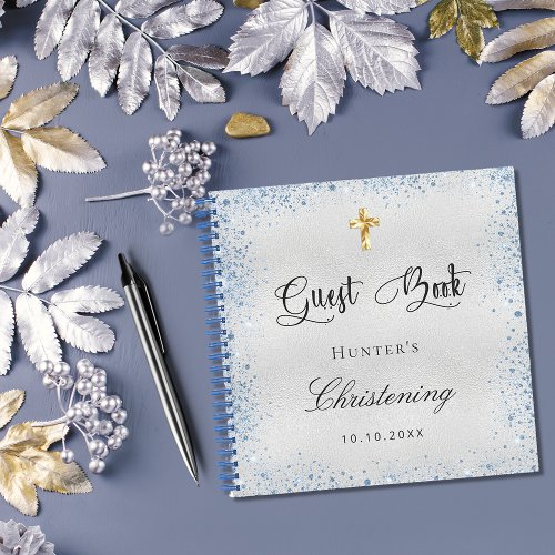 Guest book christening silver blue boy name