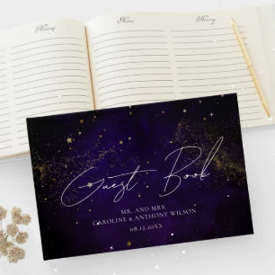 Guest Book Dark Purple Watercolor Magical Gold