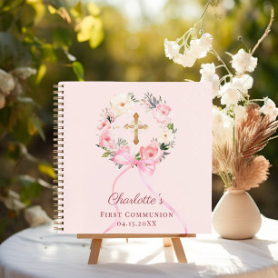 Guest book First Communion blush pink bow florals
