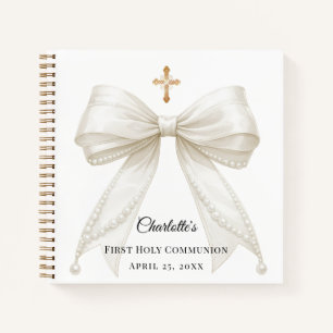 Guest book First Communion bow ivory white pearls