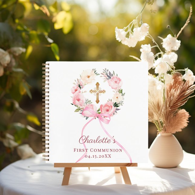 Guest book First Communion floral wreath pink bow (Creator Uploaded)