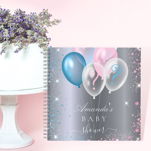 Guest book gender reveal silver pink blue balloons