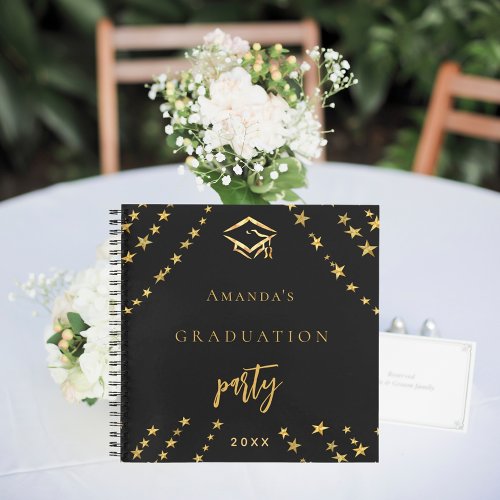 Guest book graduation black gold stars