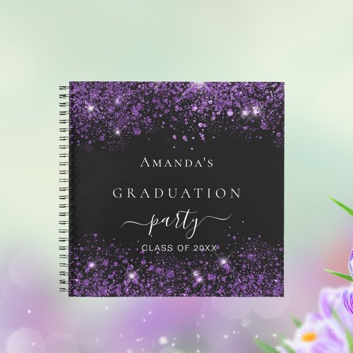 Guest book graduation black purple glitter dust
