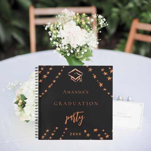 Guest book graduation black rose gold stars