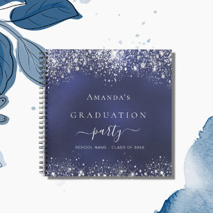 Guest book graduation navy blue silver glitter