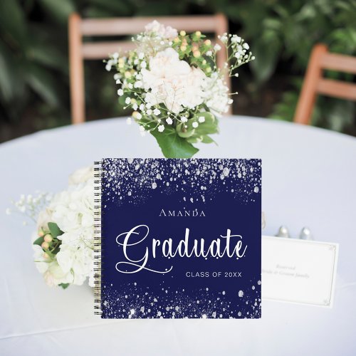 Guest book graduation navy blue silver glitter