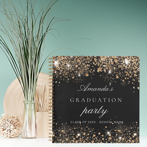 Guest book graduation party black gold glitter