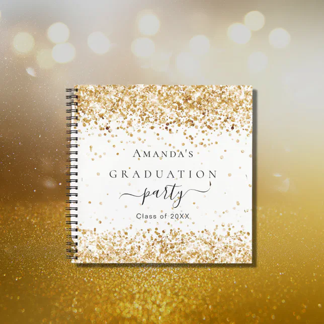 Guest book graduation party white gold glitter Zazzle