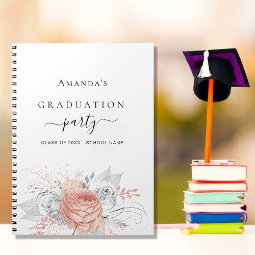 Guest book graduation rose gold floral silver