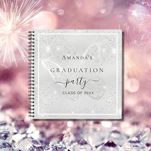 Guest book graduation silver butterfly glitter