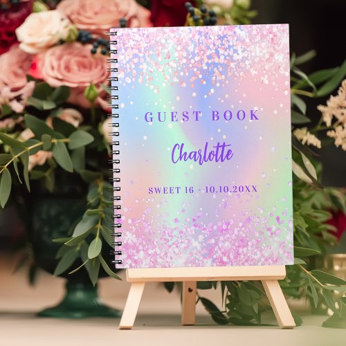 Guest book holographic pink confetti Sweet 16