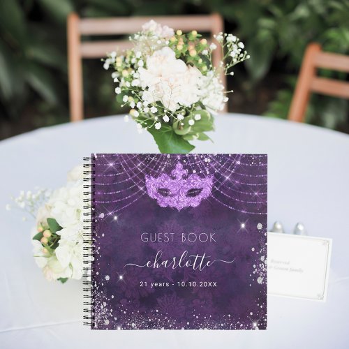 Guest book masquerade purple glitter birthday