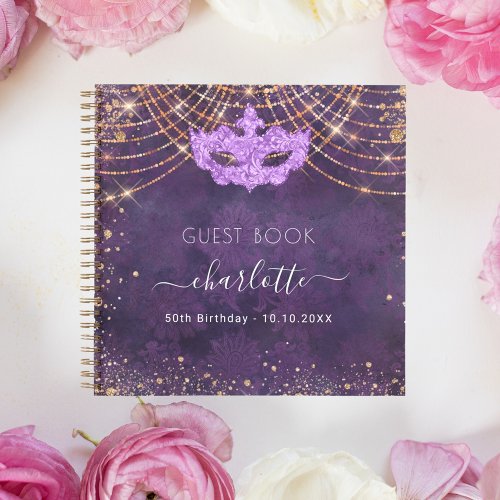 Guest book masquerade purple rose gold birthday