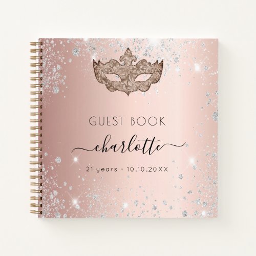 Guest book masquerade rose gold glitter birthday