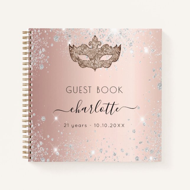 Guest book masquerade rose gold glitter birthday (Front)