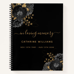 Guest book memorial black gold floral name funeral