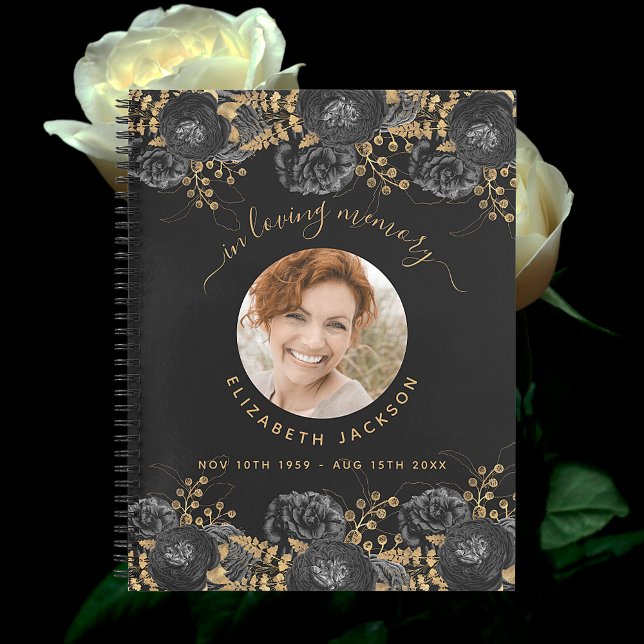 Guest book memorial black gold floral photo  (Creator Uploaded)