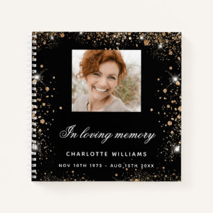 Guest book memorial black gold glitter photo