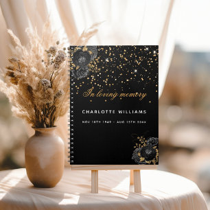 Guest book memorial funeral black gold floral 