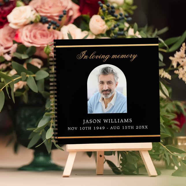 Guest book memorial funeral black gold photo arch (Creator Uploaded)