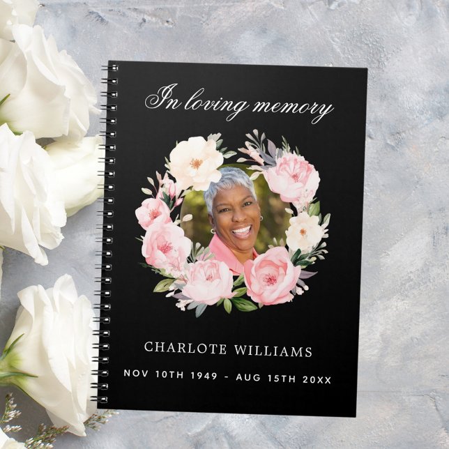 Guest book memorial funeral black photo florals (Creator Uploaded)