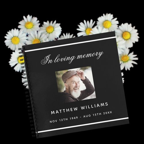 Guest book memorial funeral black white photo