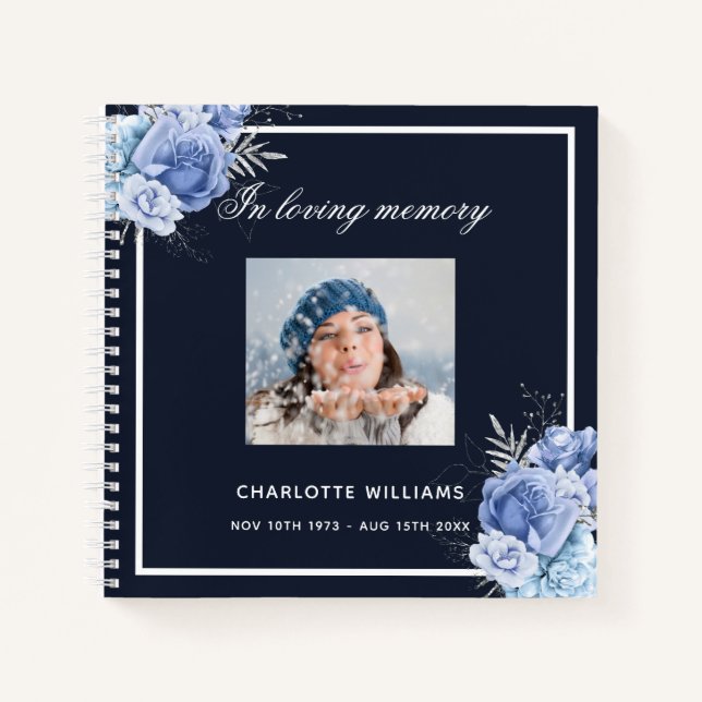 Guest book memorial funeral blue floral photo (Front)