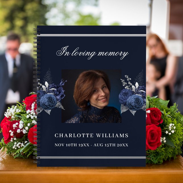 Guest book memorial funeral blue floral photo (Creator Uploaded)
