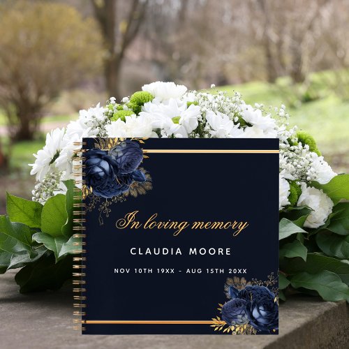 Guest book memorial funeral blue gold floral