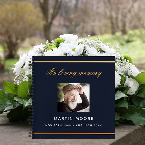 Guest book memorial funeral blue gold photo