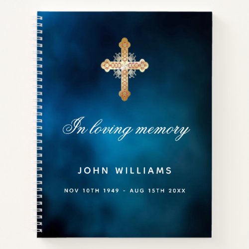 Guest book memorial funeral blue sky gold cross