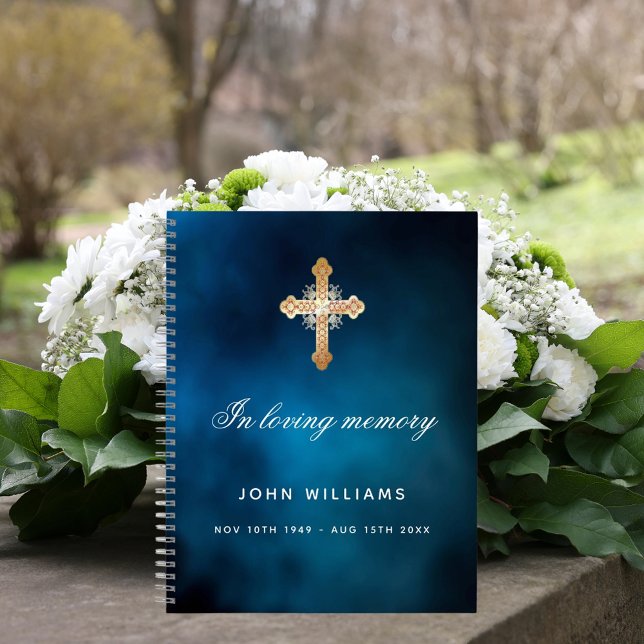 Guest book memorial funeral blue sky gold cross (Creator Uploaded)