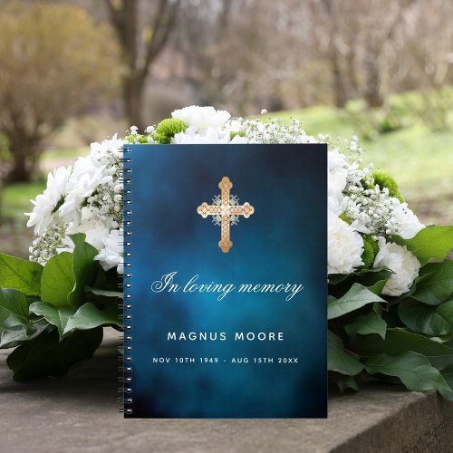 Guest book memorial funeral blue sky gold cross