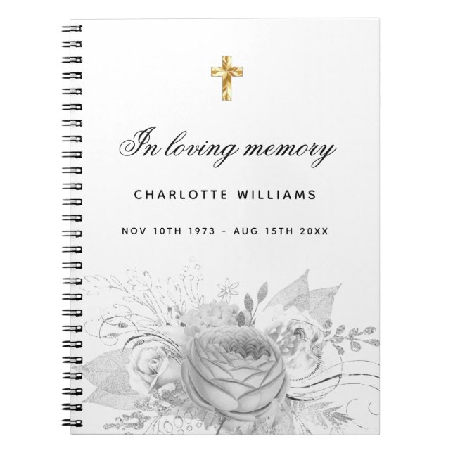 Guest book memorial funeral floral white silver (Front)