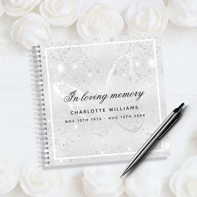 Guest book memorial funeral silver butterfly Zazzle