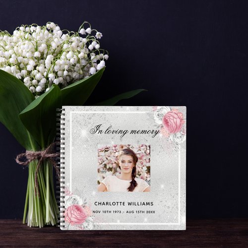 Guest book memorial funeral silver floral photo