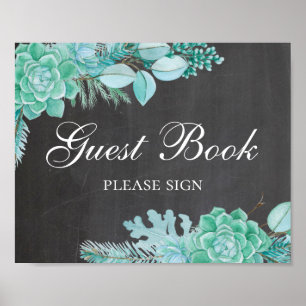 Guest book. Mint succulent. Chalkboard wedding Poster